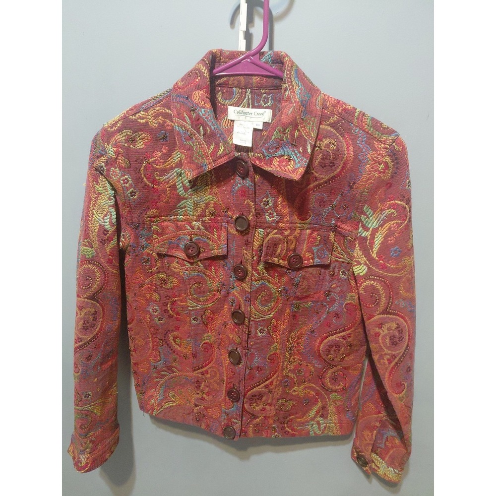 Vtg Coldwater Creek Jacket Womens XS Tapestry Jacquard Paisley Boho Statement